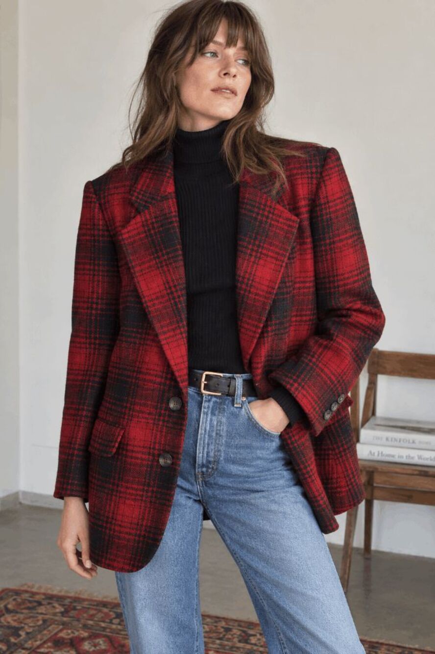 VTG 90s Red Black Plaid 100% Wool Blazer Oversized Boyfriend Jacket Preppy